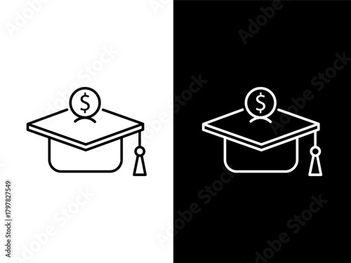 Line art illustration of a graduation cap with a dollar sign on top, representing the cost of education and student loan debt, on a split black and white