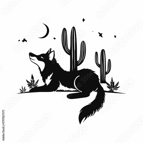 Black fox under moon and stars with cacti