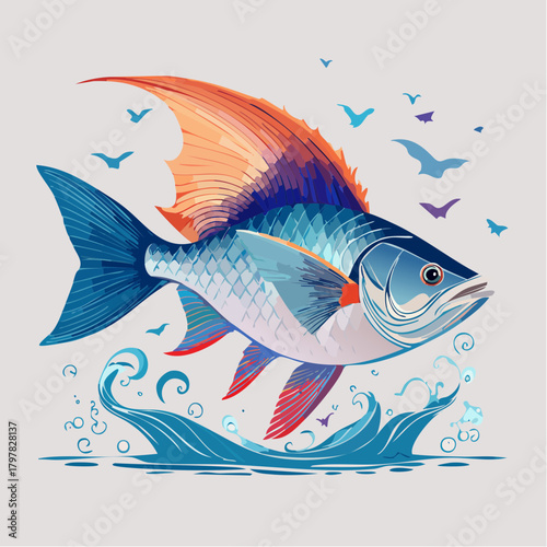 Blue fish jumping in ocean waves with birds