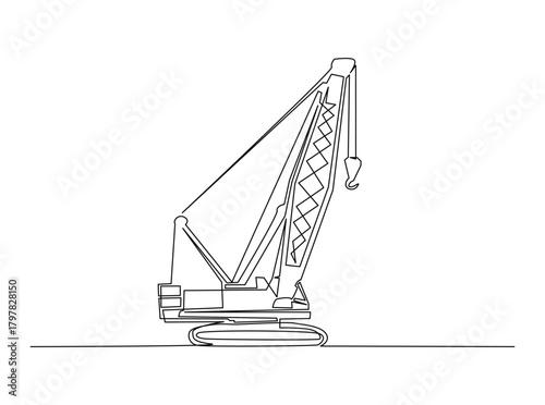 Continuous line art drawing of hydraulic crawler crane heavy vehicle. Crawler Crane in single outline illustration.