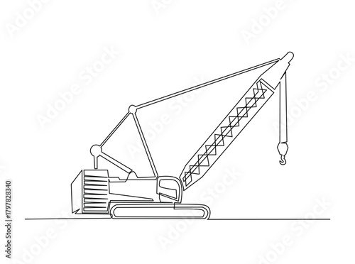 Continuous line art drawing of hydraulic crawler crane heavy vehicle. Crawler Crane in single outline illustration.