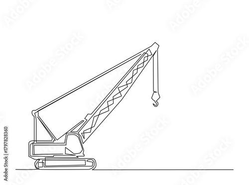 Continuous line art drawing of hydraulic crawler crane heavy vehicle. Crawler Crane in single outline illustration.