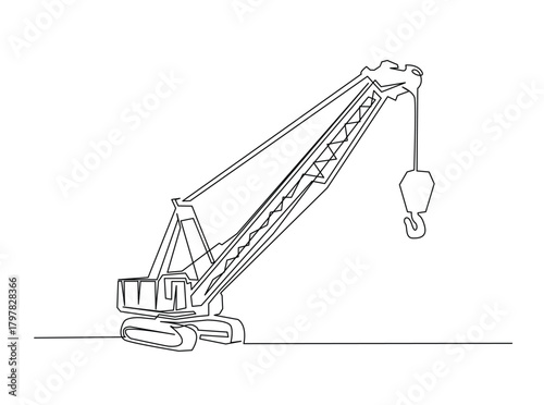 Continuous line art drawing of hydraulic crawler crane heavy vehicle. Crawler Crane in single outline illustration.