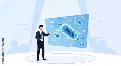 Scientist showcasing advanced cellular biology or virus research during presentation