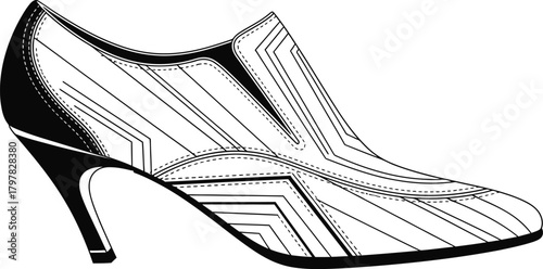 Illustration of a pointed toe high heel shoe with geometric line details on the surface design