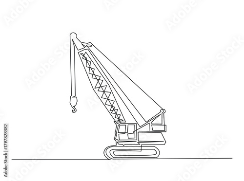 Continuous line art drawing of hydraulic crawler crane heavy vehicle. Crawler Crane in single outline illustration.