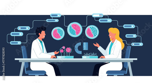 Scientists collaborative analysis of cellular biology and neurological research data findings