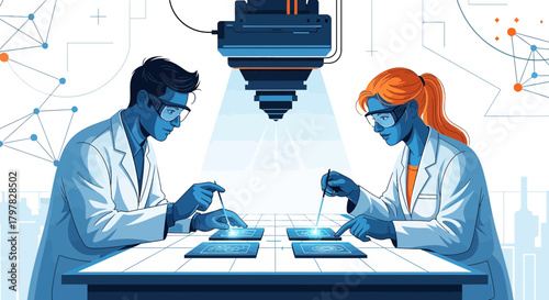 Scientists conducting research and development, analyzing data and experiment in a laboratory