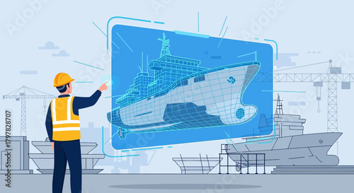 Shipbuilding engineer reviewing virtual vessel construction blueprint at shipyard