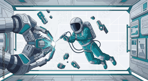 Space station repair featuring astronaut and robotic arm welding with floating debris around them