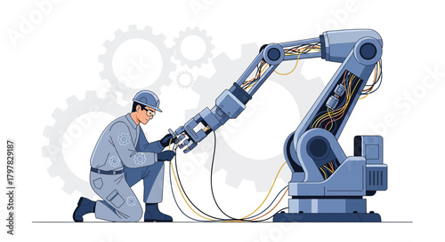 Technician meticulously assembling a robotic arm with intricate wiring and mechanical precision