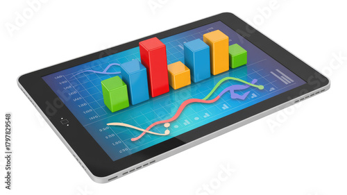 Wallpaper Mural Digital tablet showing colorful 3D bar graphs and dynamic line charts, representing business data visualization and financial analytics. background removed Torontodigital.ca