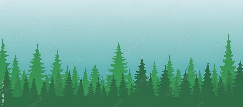 Fototapeta premium Minimalist illustration of a serene evergreen forest under a soft gradient sky, depicting a peaceful natural landscape with tall pine trees in varying shades of green