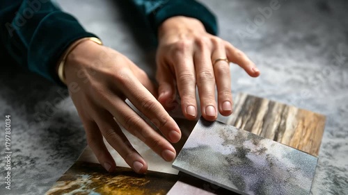Faceless person’s hands touching textured wallpaper samples, background softly blurred for depth, with copy space.