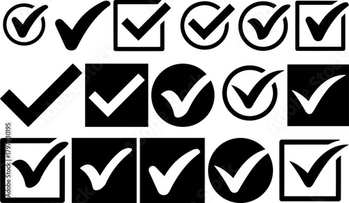 Bold check mark icons and approval tick symbols designed as clean vector elements for modern user interfaces, task validation, and graphic projects.