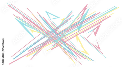 Dynamic abstract composition with energetic overlapping lines and geometric shapes in vibrant pastel colors, creating a sense of modern artistic motion and complexity