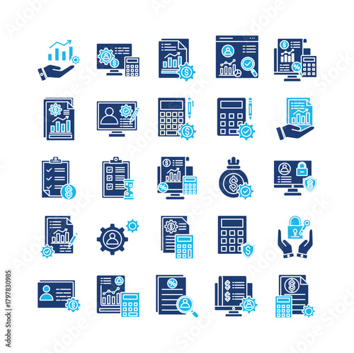 Account management icon set collection. Containing invest, calculate, value, profit, report, earnings, management .Solid vector icons collection