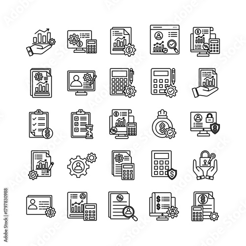 Account management icon set collection. Containing invest, calculate, value, profit, report, earnings, management .Line vector icons collection