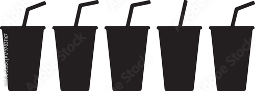 Black cups with straws lined up drinks beverages