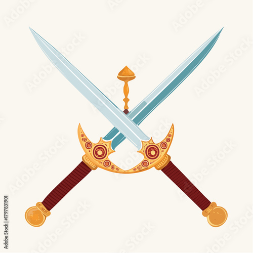 Crossed ornate swords on light background