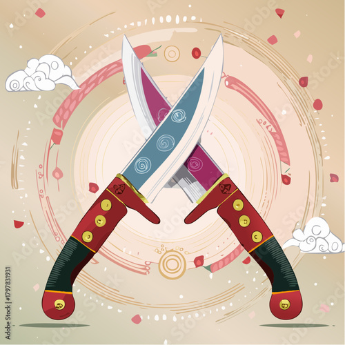Crossed samurai swords with decorative background