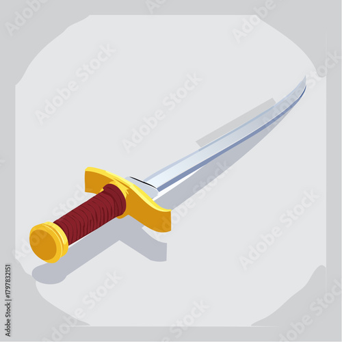 Curved sword with golden hilt and red handle