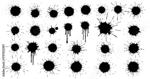 Artistic collection of black grunge ink splashes and watercolor blots on a white background featuring high quality manually traced ink blow explosions for versatile design applications