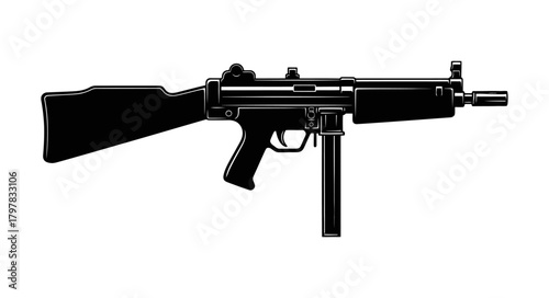 Stylized submachine gun illustration with bold lines and vibrant colors symbolizing street art urban rebellion and underground gang culture perfect for edgy graphic design projects