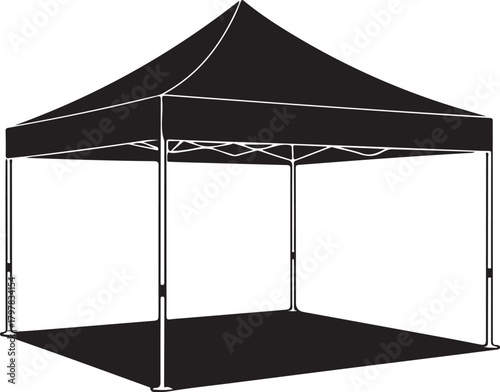 Black pop up tent structure with peaked roof and four legs silhouette canopy