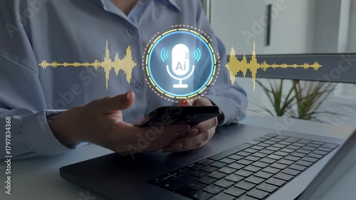 AI assistant voice chat interface. Digital communication, speech recognition, and smart technology enabling natural conversation.Person interacting through microphone with AI Agent voice chat	