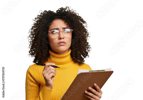 Wallpaper Mural Young woman with curly hair wearing glasses and a yellow turtleneck holding a clipboard and pen looking thoughtful isolated on transparent background Torontodigital.ca