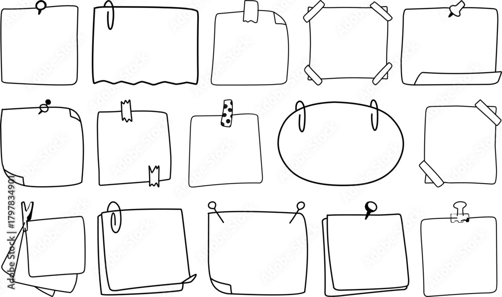 Obraz premium Sticky notes and paper memo doodles illustrated as versatile vector elements for reminders, planners, bulletin boards, and creative organizational projects.