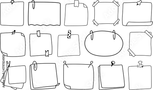 Sticky notes and paper memo doodles illustrated as versatile vector elements for reminders, planners, bulletin boards, and creative organizational projects.