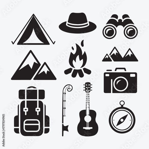 Outdoor Camping and Adventure Vector Icon Set | Black Solid Silhouette Collection