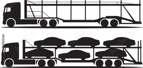 Black silhouette car transporter truck carrying vehicles trailer
