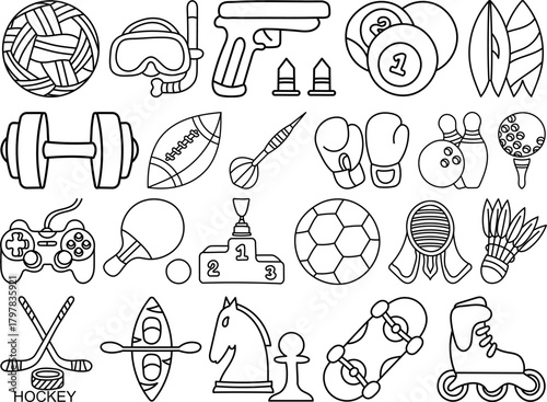 Sports doodles featuring equipment, games, and fitness icons illustrated as playful vector elements for athletic, recreational, and activity-themed creative projects