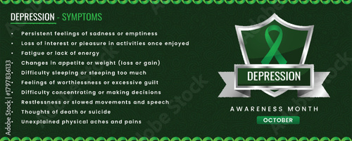 Depression Symptoms List: Crucial Mental Health Information with Green Ribbon Shield on a Dark Green Background