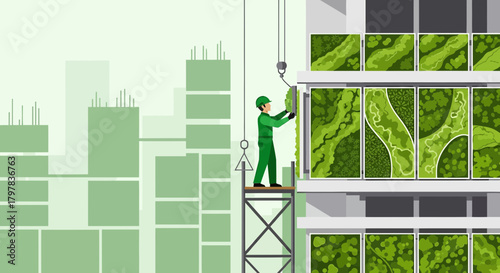 Installation of vertical gardens on a building facade for environmental sustainability