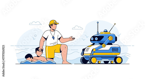 Lifeguard and robot on beach ensuring swimmers safety, modern approach to beach security