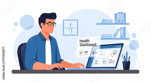 Man analyzing health data on dashboard interface enhancing healthcare decisions digitally