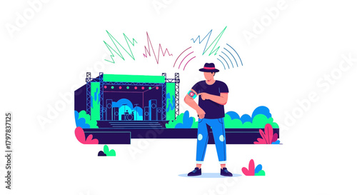 Man with wearable tech at outdoor concert uses technology for enhanced music experience