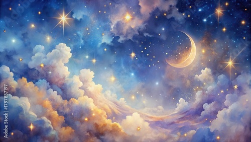 Dreamy celestial sky with glowing moon, stars, and fluffy clouds, perfect for children's books and whimsical designs that evoke peace and wonder