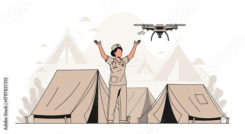 Medical aid delivery: A nurse guiding drone at a refugee camp provides support
