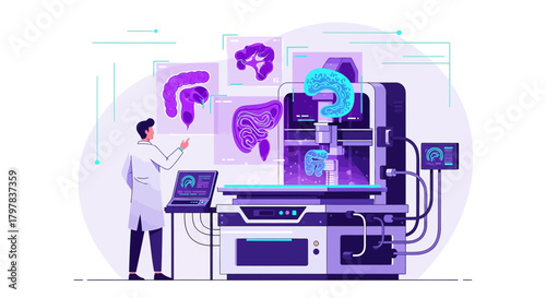 Medical 3D Printing Future: A Doctor Examining Organ Models and Advanced Bioprinting Technology