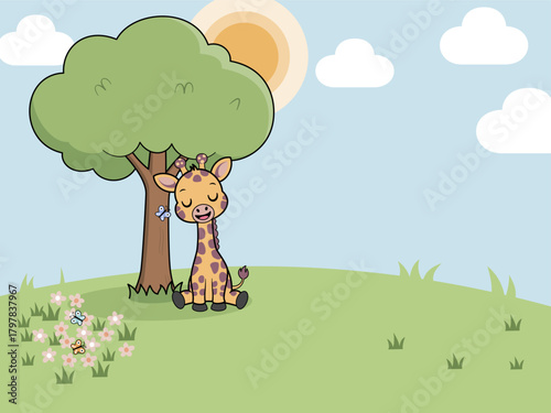 A cute cartoon baby giraffe sleeping peacefully under a tree on a grassy hill. This simple vector illustration with ample copy space. Perfect for nursery art, backgrounds, or children's themes.