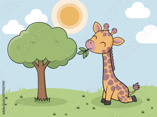  an cute cartoon baby giraffe sleeping peacefully under a tree on a grassy hill. This simple vector illustration with ample copy space. Perfect for nursery art, backgrounds, or children's themes.