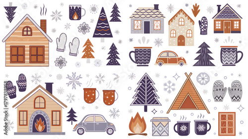 Winter themed pattern with houses trees mugs snowflakes mittens cars and campfire on a white background