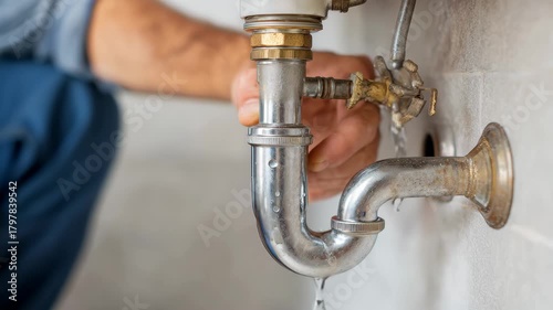 Plumber works on fixing a leaking pipe in a residential bathroom during daylight hours