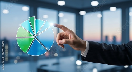 Hand touching glowing pie chart with blue and green segments in office data analysis