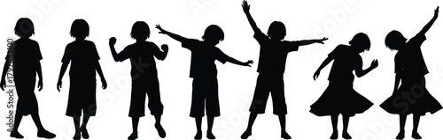 Silhouette children dancing, jumping, expressive poses, black figures, playful motion, youth activity, isolated white background, energetic kids, fun movement, joy